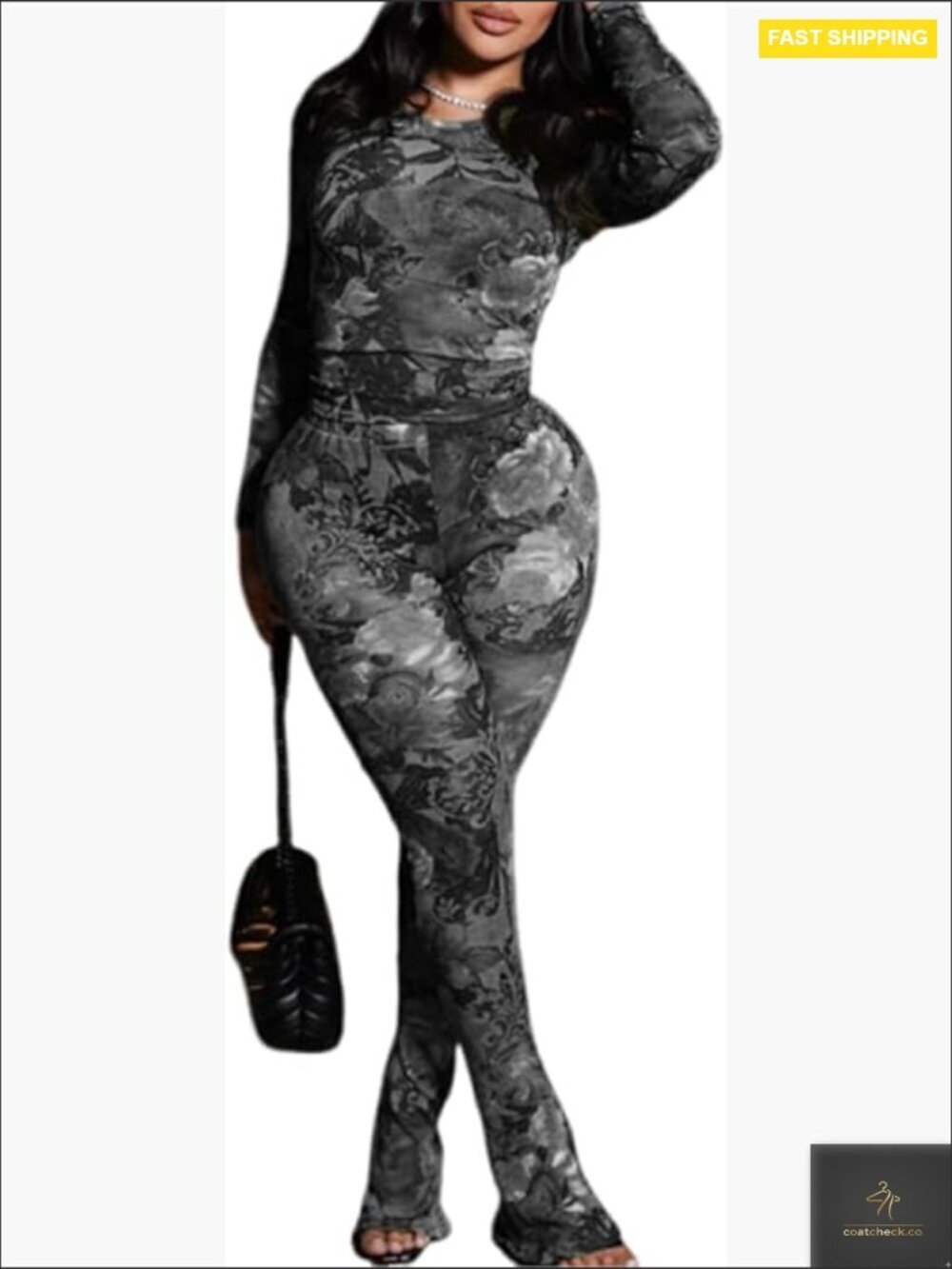 Mesh Two Piece Set Jumpsuit Floral Print Long Sleeve Flare Pants Sexy Outfit